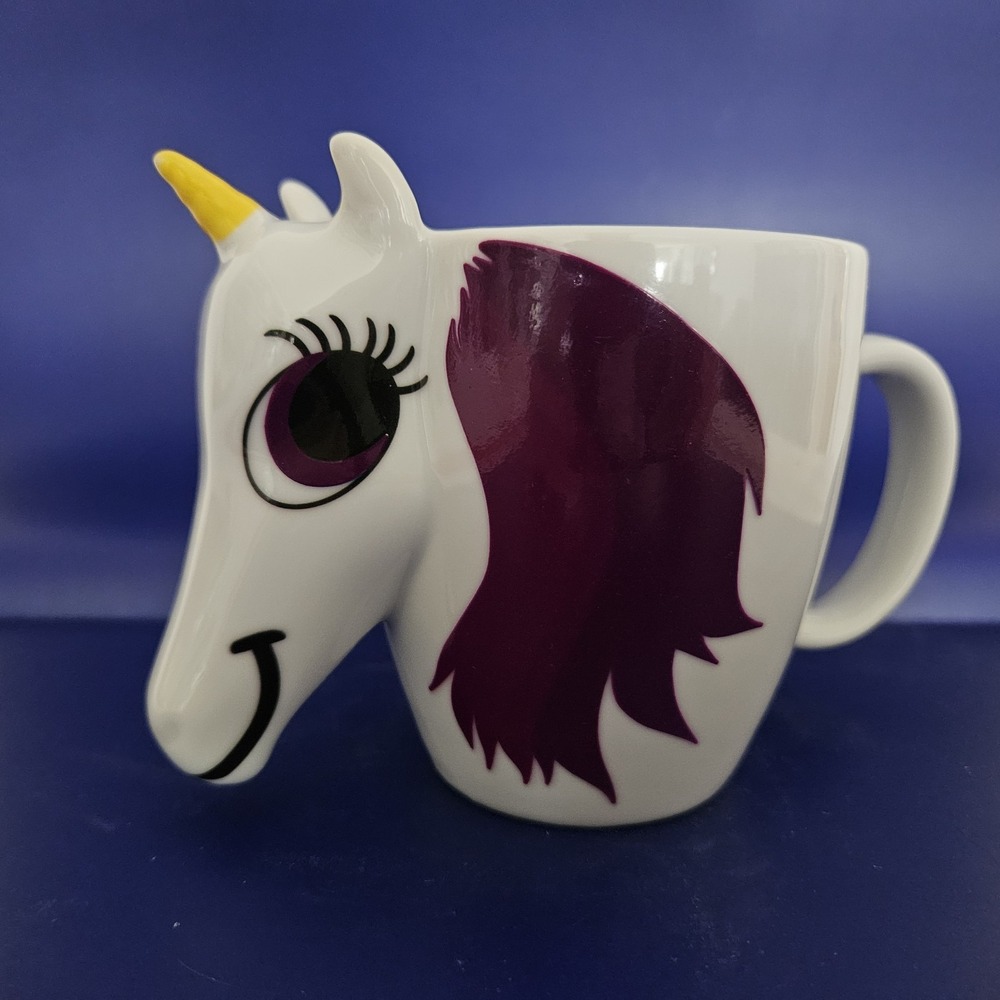 The Unicorn Mug Ceramic Coffee Cup White With Purple Mane Horn Thumbs Up